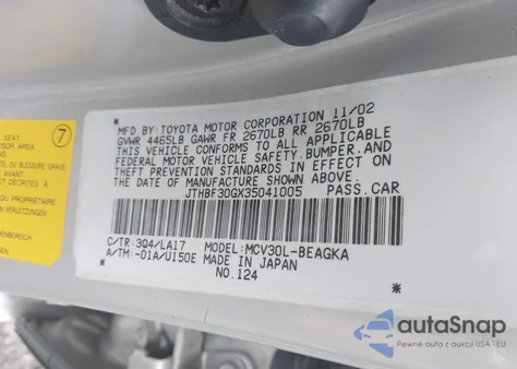 2003 Lexus Es 300 from USA, damaged, VIN JTHBF30GX35041005